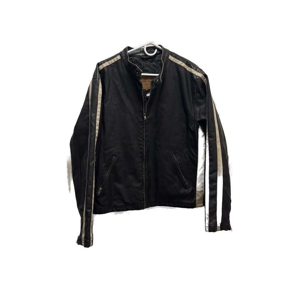 Vintage Arizona Jean Co. Black Faux Leather Motorcycle Jacket w/ White Stripes‎